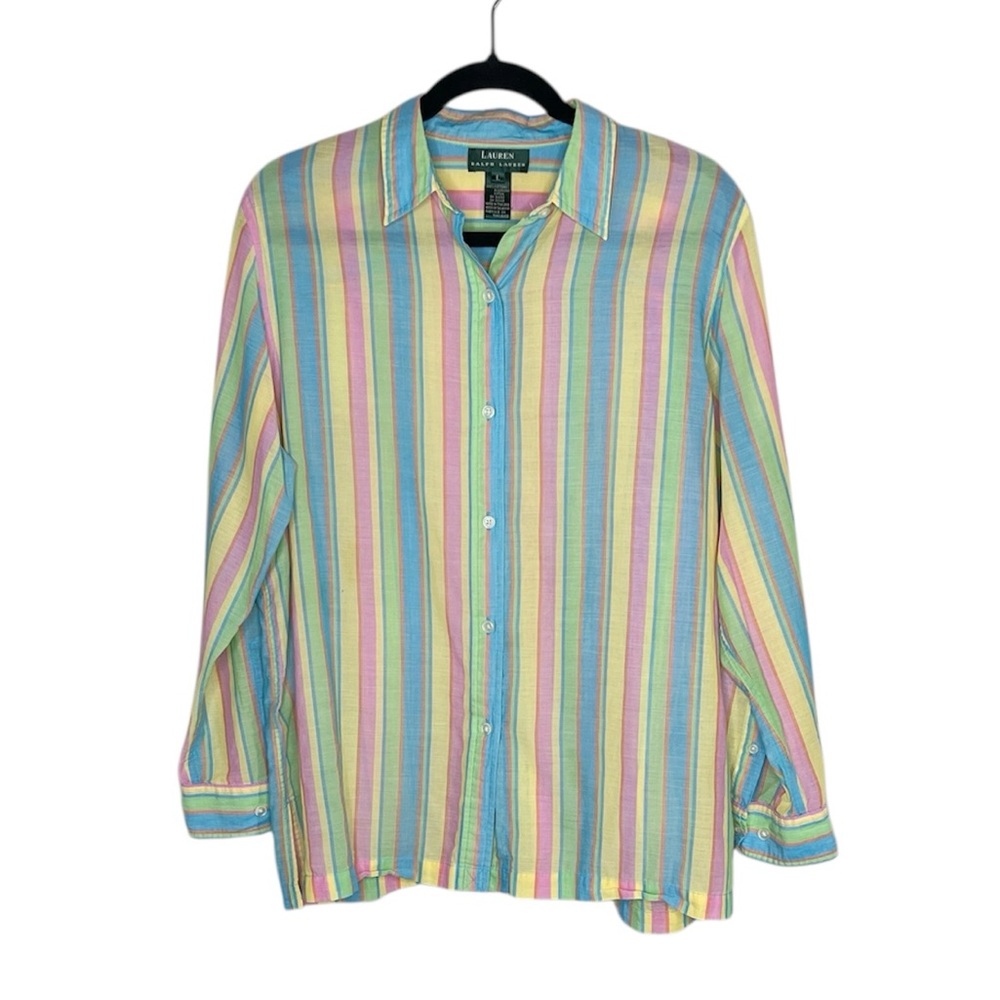 Lauren Ralph Lauren 100% Cotton Pastel Vertical Stripe Button Down Shirt size L